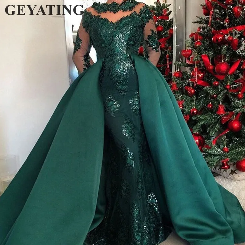 Emerald Green Lange Mouwen Mermaid Avondjurk met Afneembare Rok Arabisch Kaftan Dubai Prom Jurken 2019 Elegante Formele Gown