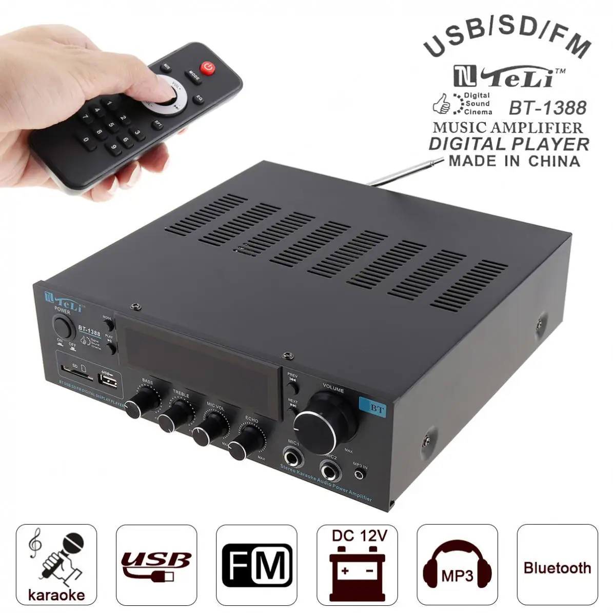 

200W 220V Bluetooth LCD Display Stereo FM Radio Power Player Support SD / USB / Microphone Input Car Amplifier Amplifiers Audio