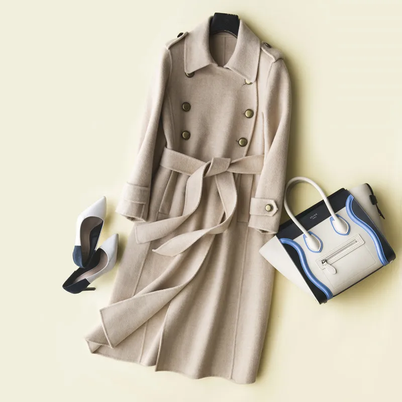 AYUNSUE модное шерстяное пальто для женщин, осенние длинные шерстяные куртки, женские тренчи, женские пальто, зима abrigo mujer XK1822 - Цвет: Бежевый