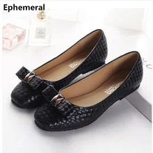 Женские туфли на плоской подошве с квадратным носком, с губчатой подошвой, с бантиком плетеная удобная обувь для широкой стопы, белого и черного цвета, большие размеры 3-48, 7, 46, без каблука