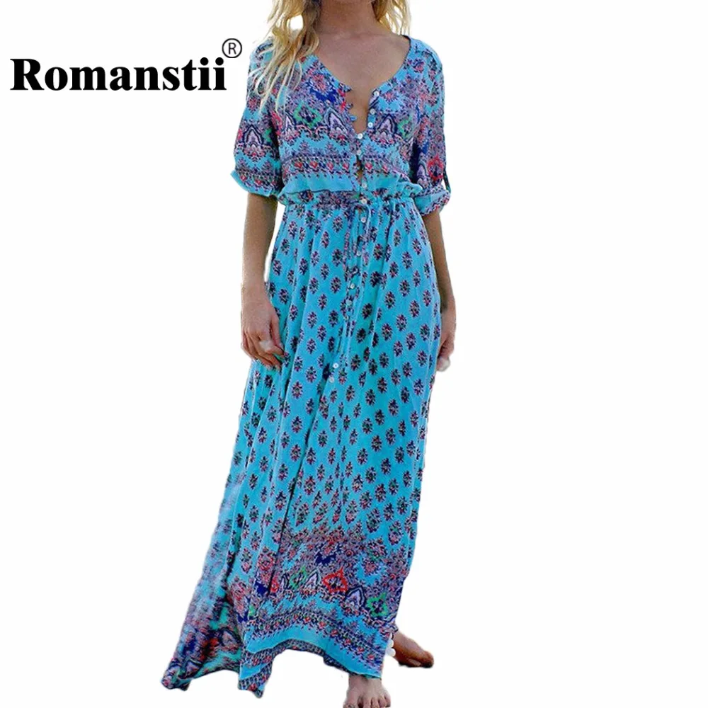 Romanstii Beach Dress Summer V Neck 3 4 Sleeve Button Lace Up Waist Floral Maxi Bohemian