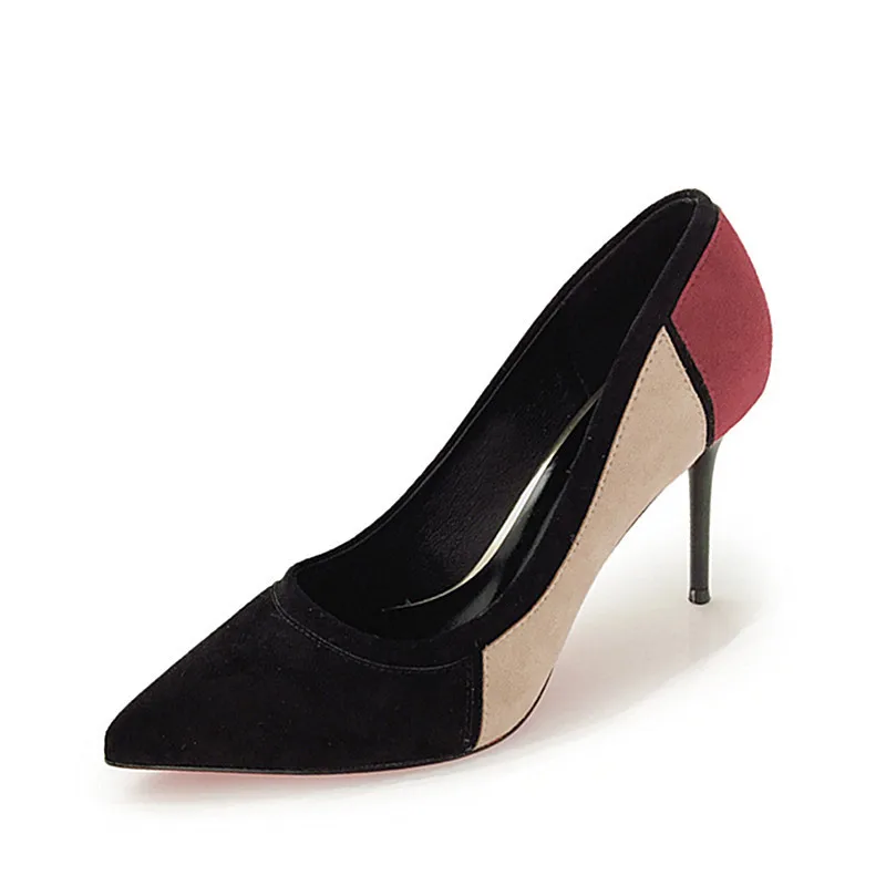 

2018 Spring and autumn new pointed fine with splicing single shoes suede color shoes elegant fashion high heels A46