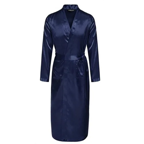 Темно-синие китайский Для мужчин Silk район одеяние Лето Повседневное пижамы v-образным вырезом кимоно юката Ванна платье Размеры размеры s m l