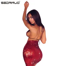 Sedrinuo Summer Style Sexy V neck Lace Up Ladies Dress Backless Club Party Dresses Prom Red Sequin Clothing Women Sets