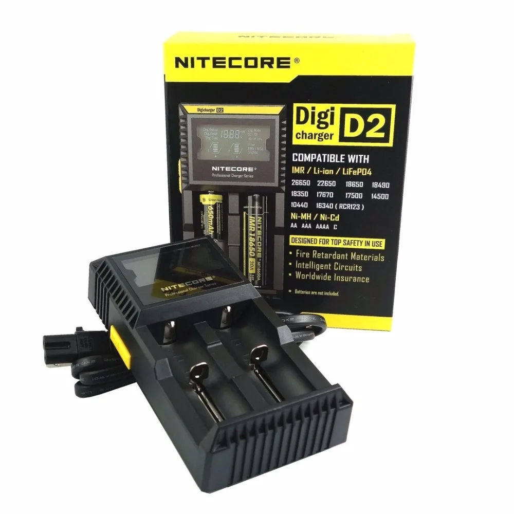 Nitecore D2 Зарядное устройство с ЖК-дисплей Дисплей универсальное автомобильное зарядное устройство с Батарея Зарядное устройство автомобиля для 18650 батареи li-ion/LiFePO4/никель-металл-гидридный/никель-кадмиевый