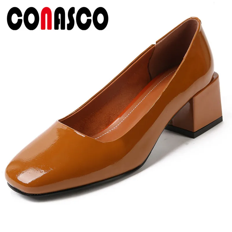 

CONASCO New Patent Leather Concise Square toe Office Pumps Fashion Women High Heels Slip On Basic Pumps Party Shoes Woman
