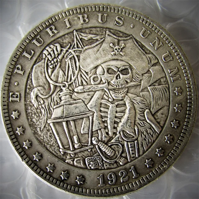 Special Offers HB(16) US 1921 Morgan Dollar With Pirate Captains skull zombie skeleton Hand Carved Silver Plated Silver Plated Copy Coins