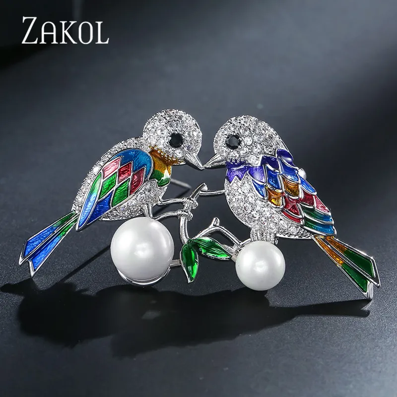ZAKOL New Fashion Cute Animal Enamel Jewelry Large Vintage Pearl Bird Brooches and Pins for Women Christmas Gifts Broches ZX1046 | Украшения