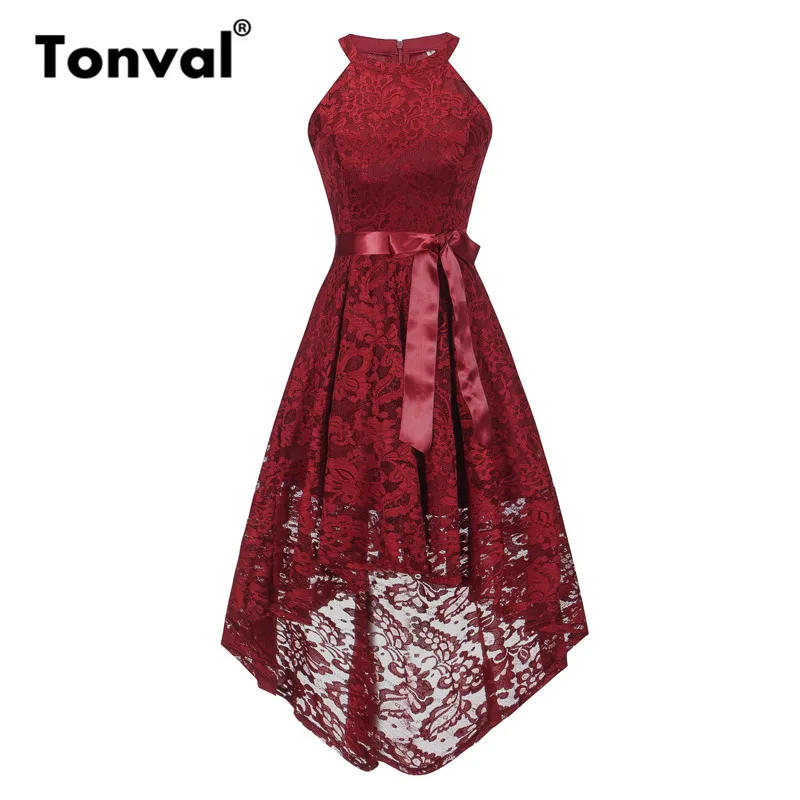 

Tonval Vintage Floral Lace Hollow Shoulder Midi Dress Women High Low Hem Party Robe Dress Ladies Burgundy Elegant Dresses