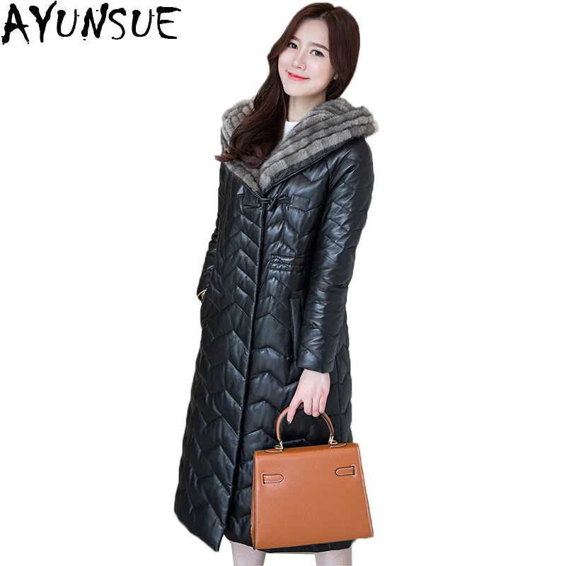 AYUNSUE/зимняя женская куртка из натуральной овечьей кожи, утиный пух, Длинные норковые волосы, женская кожаная куртка, большие размеры LX928