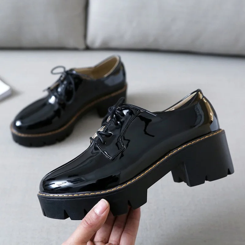 New Patent Leather Square Heel Women Pumps Casual Lace-Up Women Oxford Shoes Fashion High Heels Shoes Woman Platform Women Shoes (12)