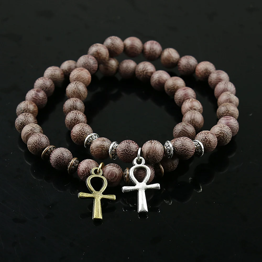 Men Wood Beads Bracelets Natural Violets Wood Egyptian Ankh Cross Bead Bracelet Wooden Women Girls Egypt Hieroglyphs,Crux Ansata - Image 5