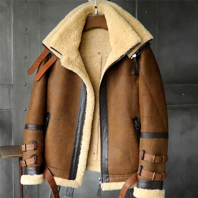 B3 мужская куртка из овчины, летная куртка, импортная шерсть из Австралии, Короткая кожаная куртка, Мужская овчина, Авиатор, шуба - Цвет: Brown
