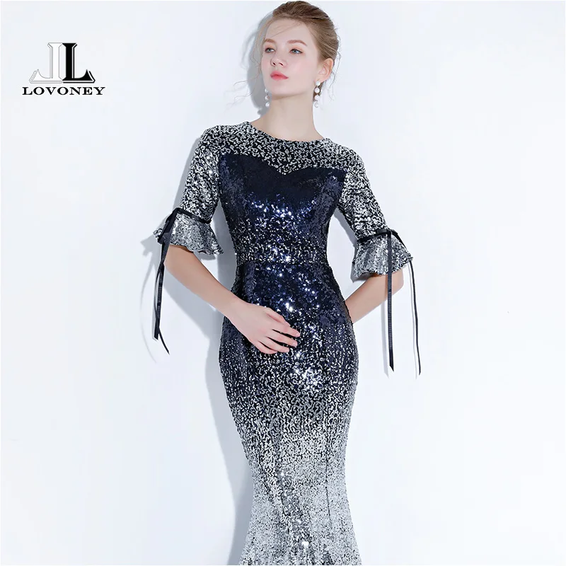 LOVONEY Elegant Mermaid Evening Dress Long Sequins Half Sleeves Formal Party Dresses Evening Gown Robe De Soiree YS430