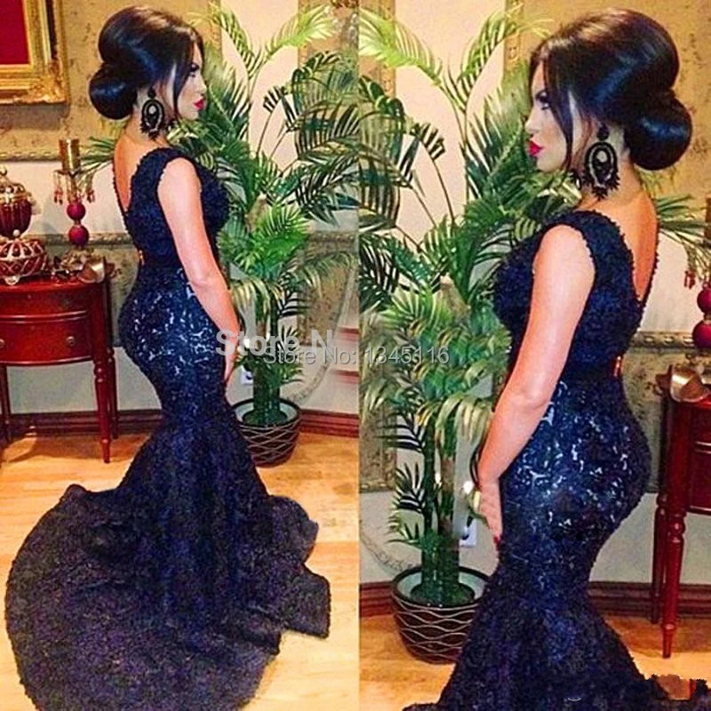 Navy Blue Lace Prom Dress