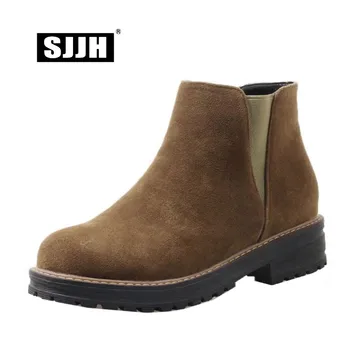

SJJH Women Flat Ankle Boots with Round Toe Winter Slip-on Short Plush Martin Boots Fashion Casual Working Shoes Large Size A910