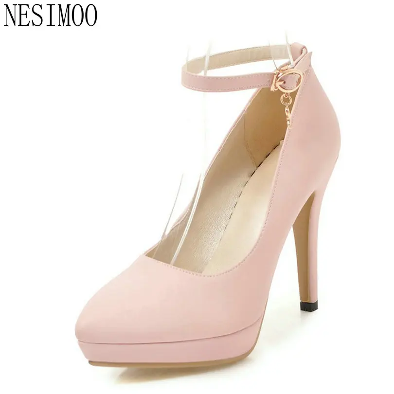 

NESIMOO 2018 Women Pumps Platform Pu Leather Fashion Shoes Thin High Heel Buckle Pointed Toe Ladies Wedding Pumps Size 34-43