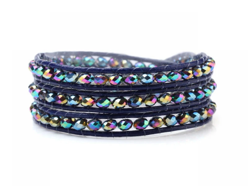 

Beautiful 4mm Crystal Beaded fancy blue crystal Leather Cord Wrap Bracelet