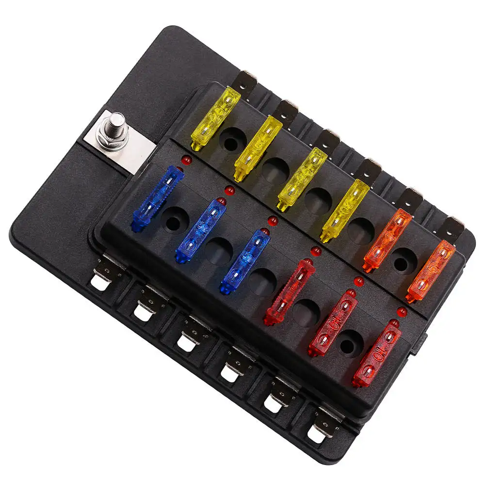 

12 Way Blade Fuse Box Holder With LED Warning Light Kit For Car Boat Marine Trike 12V 24V