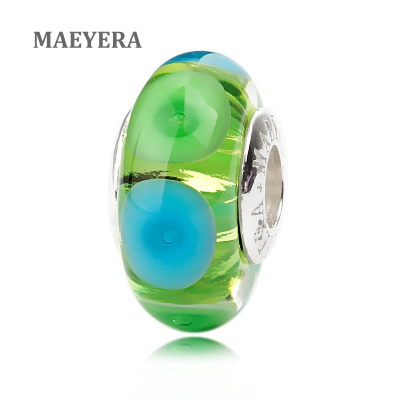 Green Blue Dot Lampwork Murano Glass European Bead for Silver Charm Bracelets