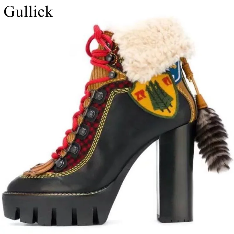 

Gullick Winter Black Yellow Patchwork Round Toe Platform Sole Lace Up Ankle Boot Front Fur Back High Heel Stivale Ankle Boots