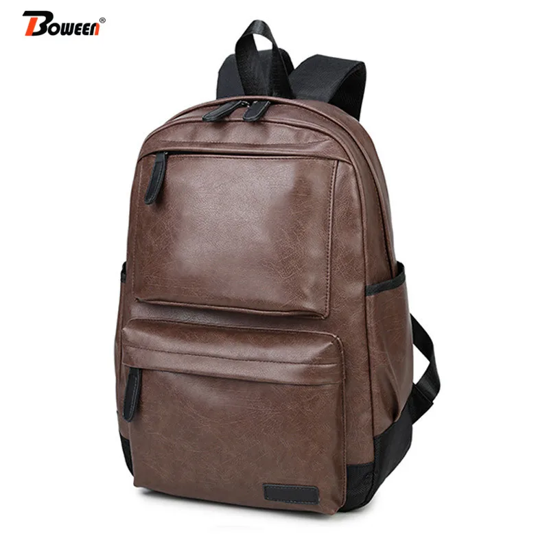 

vintage solid PU leather men's backpack black brown large capacity soft retro male back pack men school bag College bagpack 2019