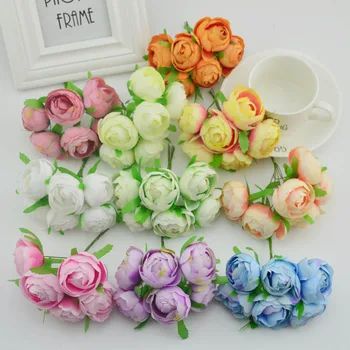 

6pcs Silk roses tea bud bride bouquet wedding flower fake pompon diy gifts box wreath Artificial flowers for home decoration