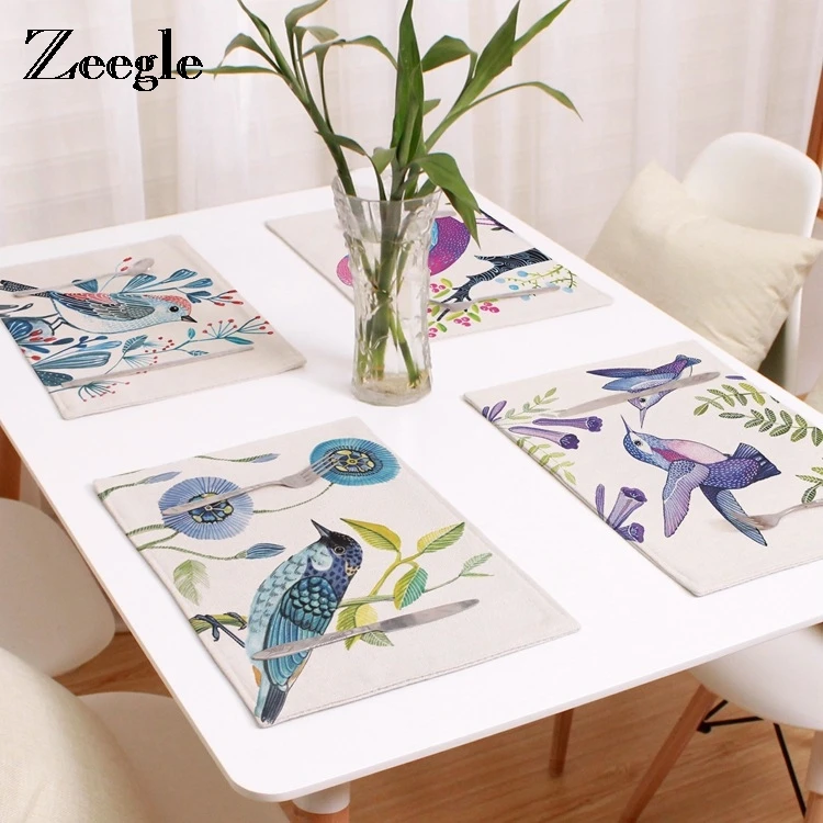 Zeegle Pads Table Decoration Accessories Chinese Placemat Mat Hand Painted Bird Printed Linen Kitchen Dining | Дом и сад