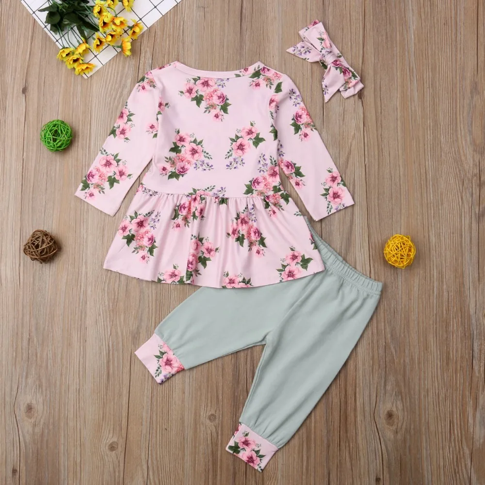 Комплект одежды для маленьких девочек Детская футболка с длинными рукавами для малышей Топы, длинные штаны с цветочным рисунком повязки на голову, комплект хлопковой одежды