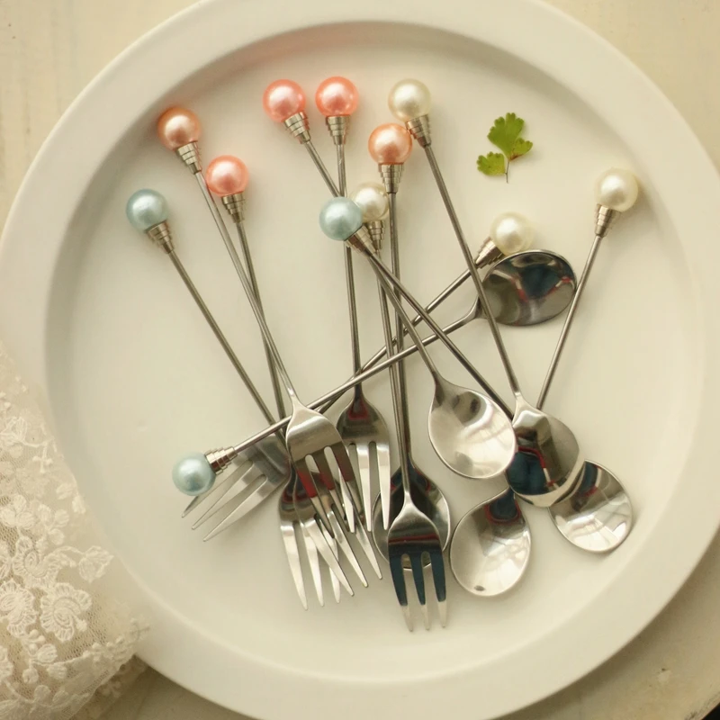 

Hot Color pearl stainless steel fruit fork creative dessert fork stir bar coffee spoon 2 pcs Suits