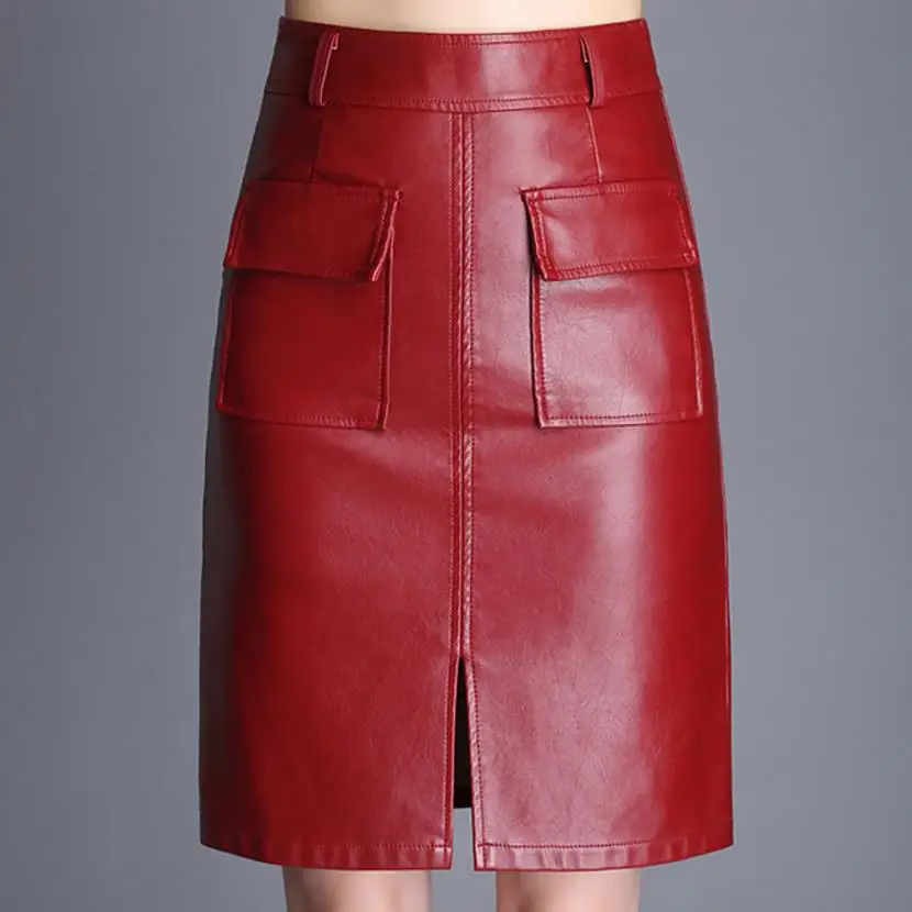 

High Waist Leather Skirt PU Pockets Button Skirts XXXL Plus Size Skirt Female