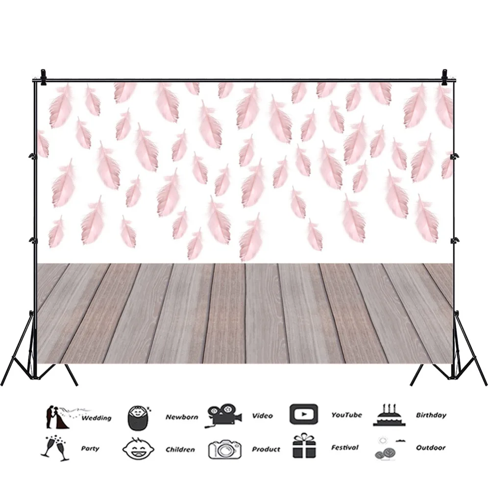 Laeacco Wooden Floor Board Feather Tree Leaves Pattern Wall Baby Birthday Photo Backgrounds Photo Backdrops For Photo Studio