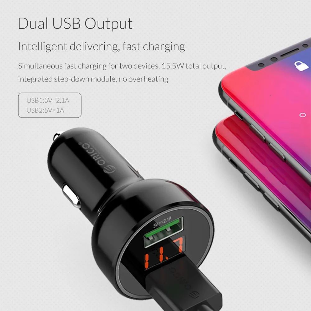 ORICO UPK-2U شاحن سيارة ذكي مع شاشة LCD سريع محول للشحن للجوال هاتف لوحي الانتاج المزدوج USB شاحن سيارة ORICO UPK-2U شاحن سيارة ذكي مع شاشة LCD سريع محول للشحن للجوال هاتف لوحي الانتاج المزدوج USB شاحن سيارة