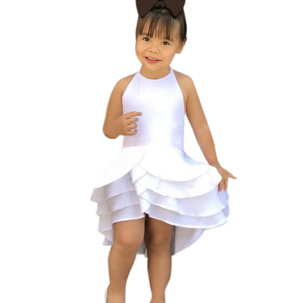Летнее однотонное платье без рукавов с открытой спиной для маленьких девочек от 3 до 18 месяцев многослойные платья детское элегантное вечернее платье для девочек - Цвет: White
