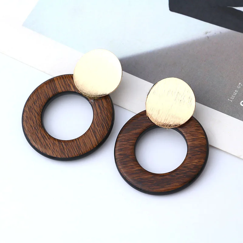 

Fashion Gold Color Metal Sequins Geometric Statement Drop Earring 2019 Circle Round Brincos Vintage Wood Earring for Women