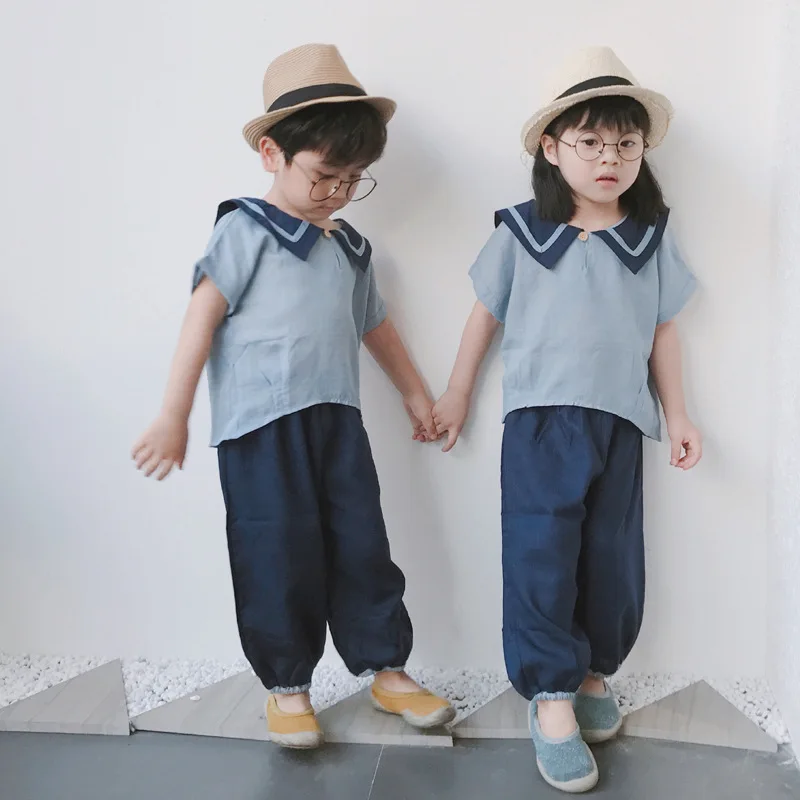 

2018 Summer New Boy Korean Navy Wind Casual Suit Boys and Girls Short-sleeved Student Costume Toddler Girls Kindergarten Clothes