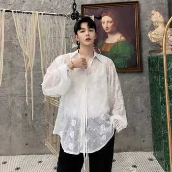 

Male Women Beach Sunscreen Shirt Cardigan Men Summer Organza Embrodiery Flower Tie Loose Casual Long Sleeve Thin Shirt