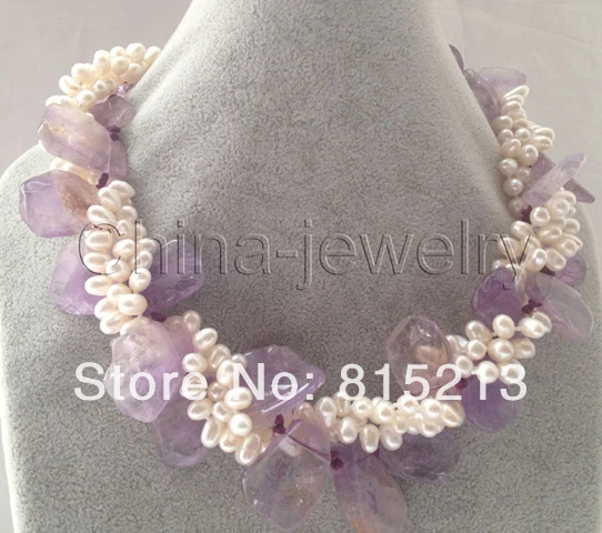 

FREE SHIPPING>>>@@ > N1191 4row 8-18mm white baroque rice freshwater pearl + amethyst necklace