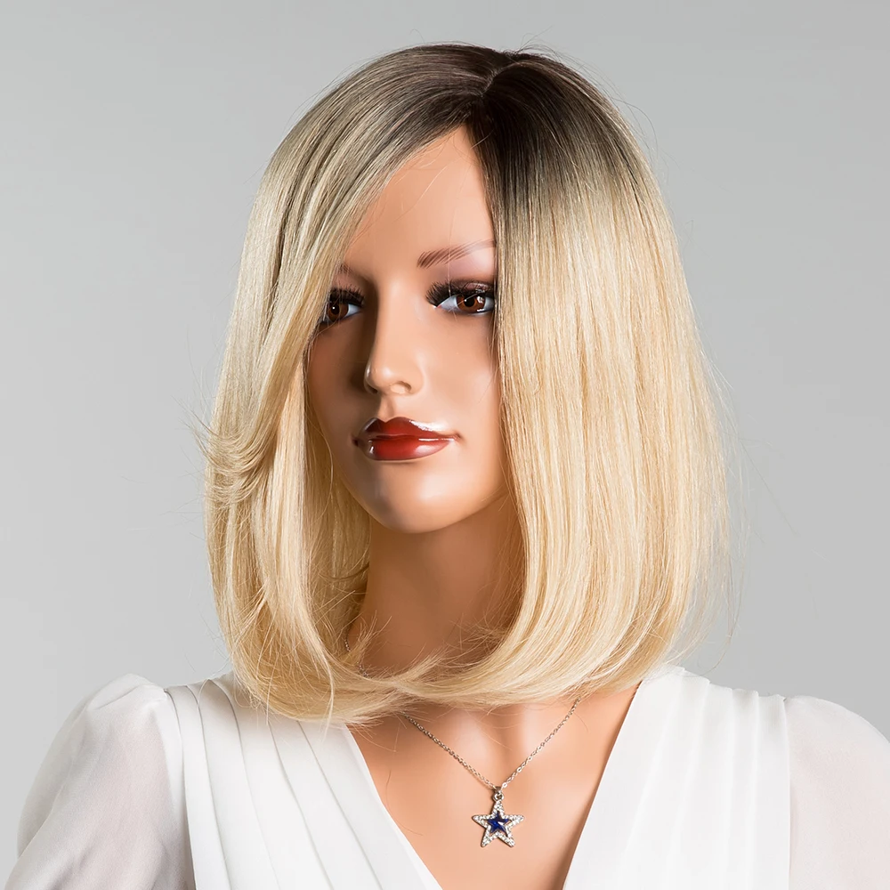 ESIN 14 inches Blend Hair Wigs for Women Dark Root Ombre Brown Straight Hair Bob Wig Synthetic Simulation Scalp Side Parting ESIN 14 inches Blend Hair Wigs for Women Dark Root Ombre Brown Straight Hair Bob Wig Synthetic Simulation Scalp Side Parting