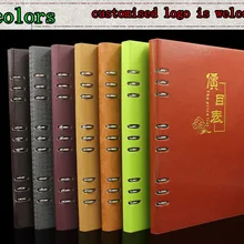 Без логотипа A4 папка для презентаций, pu кожа отверстие кольца меню обложка, ПВХ прозрачные карманы, держать A4 непосредственно или 29x18,6 см