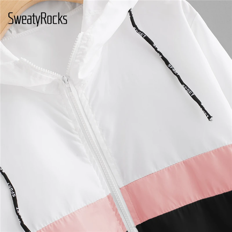 astounding  SweatyRocks Autumn Hoodies Women Windbreaker Casual Hooded Patchwork Jackets Clothes Color Block El
