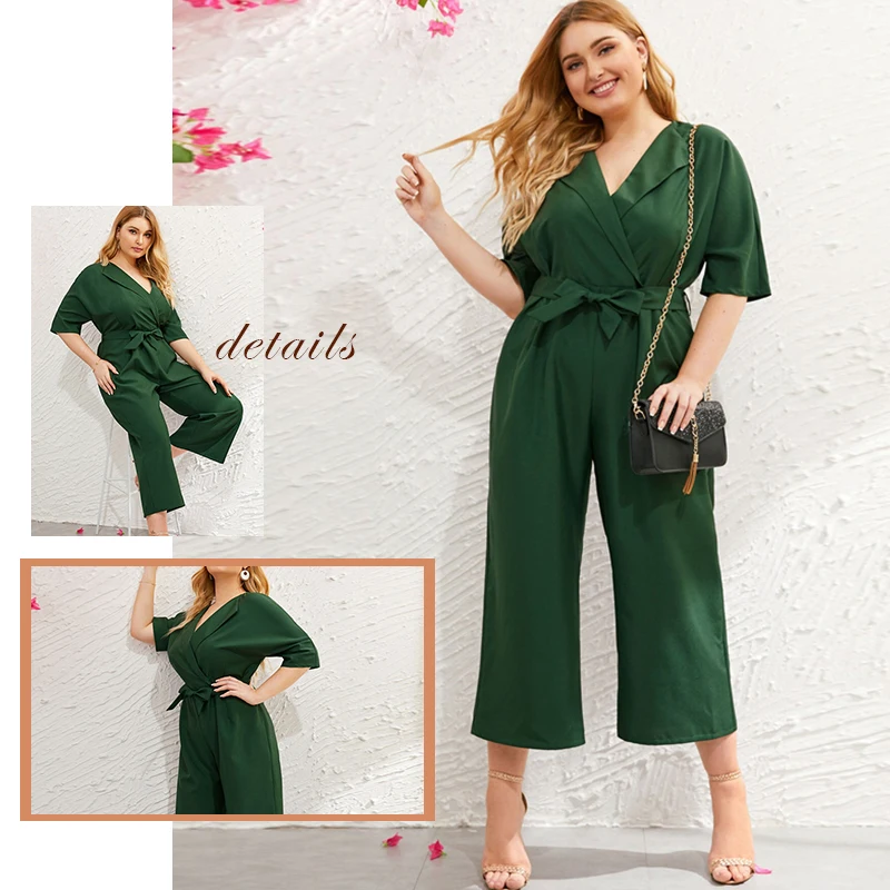 Sheinside Plus Size Green V Neck Wide Leg Jumpsuit Women Summer Zip Back Jumpsuits Office Ladies Solid Half Sleeve Jumpsuit