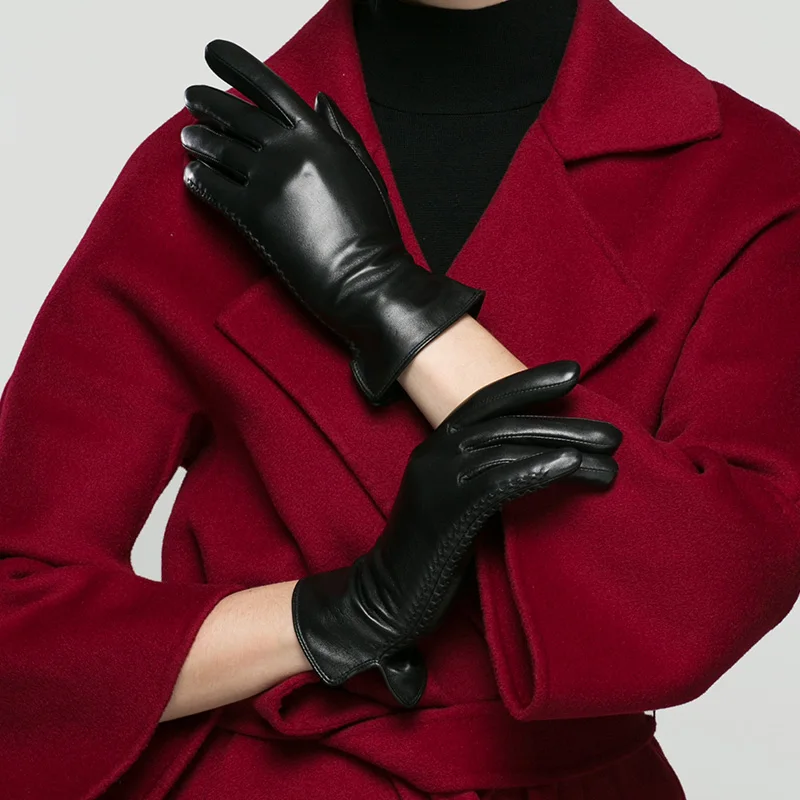 KLSS Brand Genuine Leather Women Gloves Fashion Elegant Touchscreen Goatskin Glove Autumn Winter Keep Warm Five Fingers 22