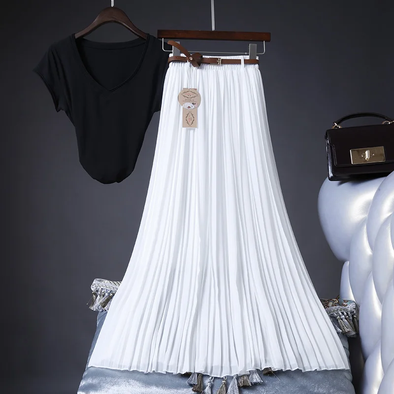 

2019 High Quality Women Summer Skirt High Waist Vintage Women Pleated Skirt Saias Femme Boho White Long Chiffon Skirt Streetwear