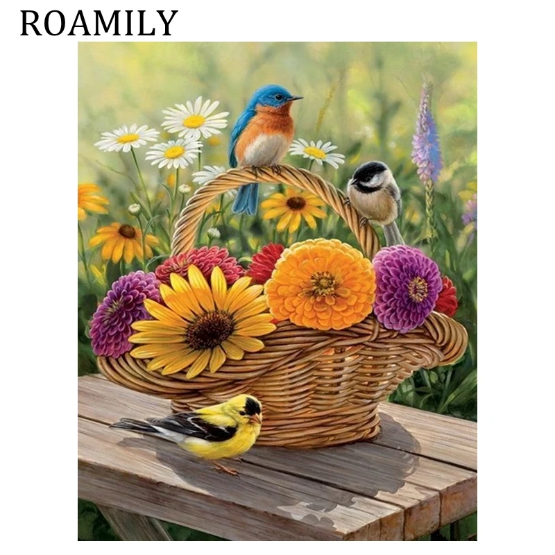 Roamily DIY некадрированным Цифровая живопись маслом милые цветы и Товары для птиц на