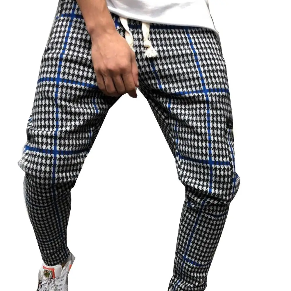 

New Leisure Men Houndstooth Print Drawstring Sweatpants Trousers Slim Jogging Pants
