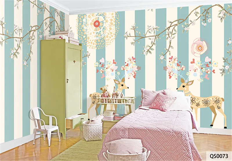 Пользовательские Ткань и текстильные обои для стен матовый шелк для детей Спальня фрески олень цветок полоса бесшовные Домашний Декор фото