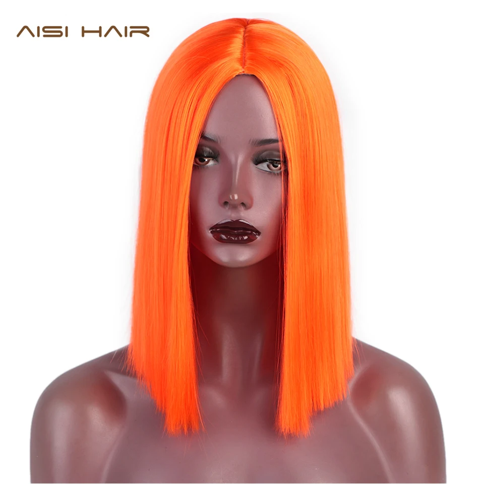 

AISI HAIR 12'' Short Straight Synthetic Wigs Orange Color Heat Resistant Hair Middle Part Nature Blunt Cut Bob Wigs for Women