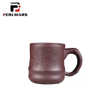 

130ml Yixing Purple Clay Tea Cup Household Drinkware Engraving Pattern Handle Tea Water Cups Espresso Coffee Mugs Art Decoration