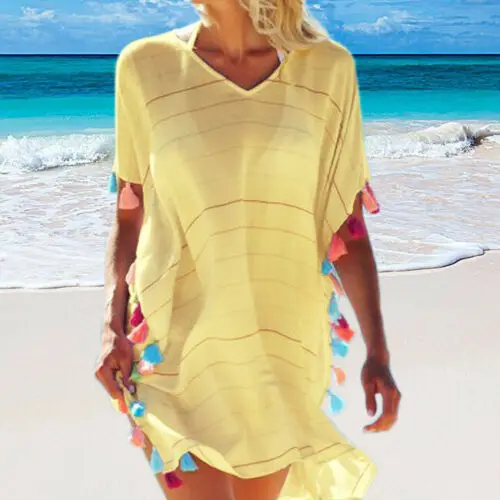 beach maxi dress with sleeves Women Holiday Beach Bikini Cover Up Boho Casual Party Sun Mini Dress Sundress swim skirt cover up no brief Cover-Ups